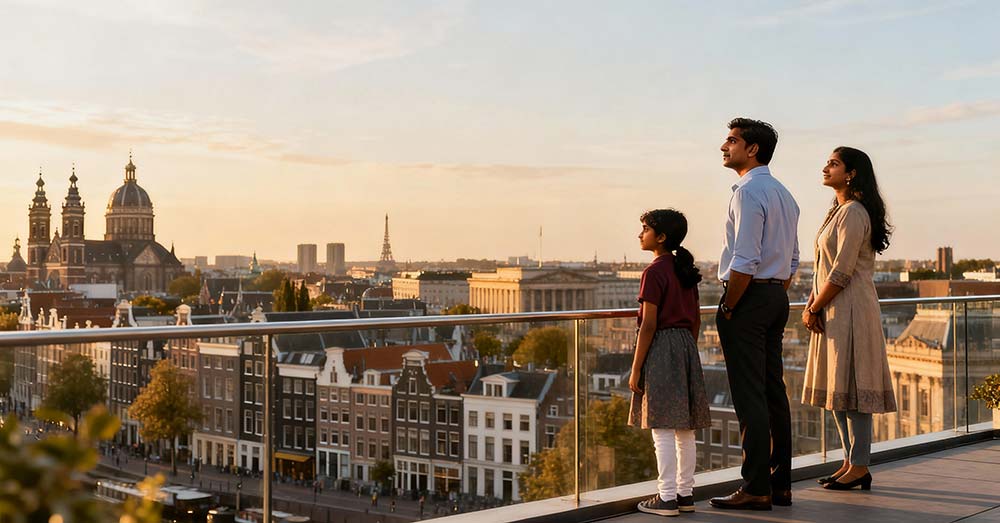 Indian family viewing a European city skyline